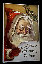 Jolly Santa Claus with Note ~Holly~Antique Embossed~Christmas Postcard~h735 picture