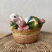 Bunny Rabbit in Basket Trinket Keepsake Box Easter Flowers Figurine Large 6” picture
