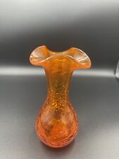 Vtg Blown Glass Orange Boyds  CRACKLED Ruffled Top Vase Glower No Cracks /chip picture