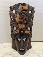 Vintage Mayan Aztec Tribal Mask Hand Carved Wood Warriors Jaguars 13.5” X 7.5” picture