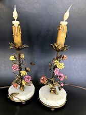 Pair Antique FRENCH Ormolu Applied Porcelain Flower Marble Boudoir WORKING Lamps picture