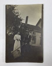 RARE Early 1900’s RPPC Photo Couple With Early Lawnmower Brownie Velox P231 picture