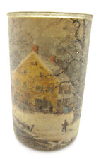 Vintage Currier & Ives Sugar Frosted Glass Candle Holder Winter Scene picture