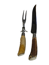 Vtg Hasselbring HC Sterling Silver Stag Horn Carving Knife & Fork Set Stamped SS picture
