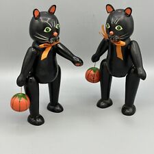 Vtg Halloween Black Cats Set Of 2  Pumpkin Midwest Cannon Falls Wood Jointed 7” picture