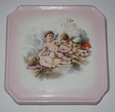 Antique/Vintage Hand Painted Footed Square Plate Decorated Cherubs Pink 6 1/4
