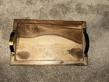 Wooden Walnut Serving Tray Charcuterie Cutting Board With Brass Handles  EUC picture