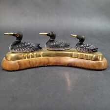 Brass Loon Family Wood Mounted Figurine Paperweight Made in INDIA Mid Century picture
