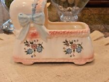 Rare Vintage Inarco Baby Girl Bassinet Crib Flowers Blue Bow Ceramic Planter picture