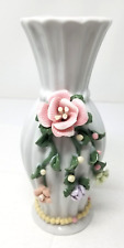 Rose Vase Vines Pink Ceramic Ribbed Beaded Raised Flowers 1970s picture