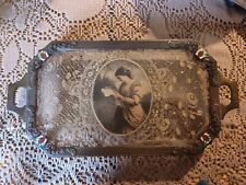 Antique Silvercraft Brass Glass Lace Frame Vanity Perfume Dresser Footed Tray picture