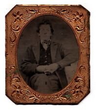 CIRCA 1870s TINTYPE IN BRONZE CASE HANDSOME YOUNG MAN IN SUIT ALBUM PRINT picture