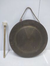 Original Vintage Old Brass Metal Round Plate Tibetan Gong Bell With Wooden Stick picture