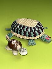 VTG Intricate RARE Turtle Trinket Basket Handmade  Rattan w/Shell Turtle Figure picture