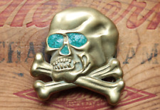 Vtg Solid Brass Cast Skull Bones Crossbones Turquoise Inlay Bikers Belt Buckle picture