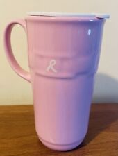 Longaberger Pottery Woven Traditions Travel Coffee Mug Breast Cancer Pink & Lid picture
