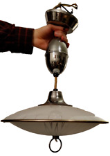 Vintage Glass Saucer Hanging Retractable Ceiling Light Fixture Pull-down UFO picture