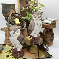 Pair of vintage bisque porcelain realistic woodland owls spots white brown #304 picture
