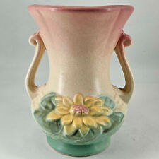 Vintage Hull Art Pottery Lily Pad Vase w handles Pink Green Pastels picture