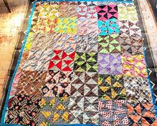 VINTAGE HAND STITCHED COLORFUL SQUARE QUILT HAND PIECED  PATCHWORK 65x75 picture