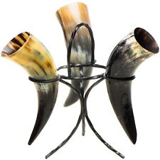 Viking Drinking Horn Set of 3 with Stand, 10 Oz Natural Ox Horn | Cool Unique... picture