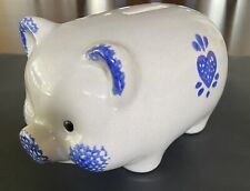 Vintage PIGGY BANK Stoneware POTTERY Spongeware - Super CUTE Pig W/ Blue HEART picture