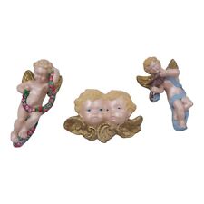 Vintage Set Of 3 Chalkware Plaster Musical Cherubs Wall Plaques picture