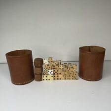 Set Of 2 Vintage Brown Leather Dice Shaker Cups w/ Lot of 34 Vintage Dice picture