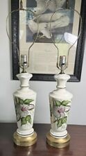 Pair Of 2 Vintage Lamps Porcelain Brass Painted Hibiscus MCM Floral 1940s 1950s picture