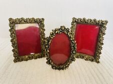 Vintage Brass Ormalu Set Of 3 Easel Style Brass Picture Frames Ornate 3” x 4” picture