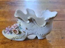 Vtg Bisque Porcelain Miniature High Heel Shoe Boot 5 Inch Long Floral Decoration picture