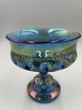 Iridiscent Blue Kings Crown Carnival Glass Pedestal Thumb Print Compote Dish VTG picture