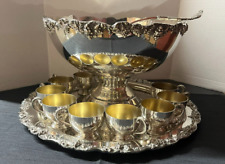 (12 PC) TOWLE Margaux Punch Bowl Set w/9 Cups, Ladle, & Sheridan 19.5
