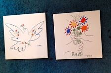 2-1958 PICASSO CERAMIC ART TILES. GRES SPAIN.  FLOWERS AND DOVE. RARE FIND picture