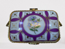 Vintage Ceramic Handpainted trinket box basket handle gold details purple floral picture