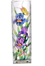 Joan Baker Designs Vase Hand Painted Floral Iris Stained Glass 10