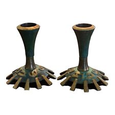 Vintage Pair of Brass And Green Candle Holders Made in Israel 3 inches Tall picture