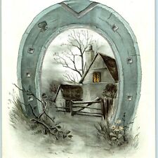 c1890s Embossed Horseshoe Stock Trade Card Fall Winter House Litho Cottage 2A picture