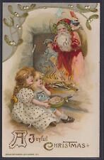 1912 WINSCH GEL CHRISTMAS POSTCARD SANTA TOYS DOLLS FIREPLACE 2 GIRLS BELLOWS picture