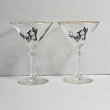 MCM Vintage Clear Glass Martini Glasses Ducks Cattails Gold Gilt Rim Mid Century picture