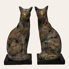 Cat Cast Iron Bronze Bookends Vintage Set of 2 Patina on Wood Base 9