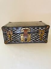 Vtg Miniature Trunk Black White Checkered Faux Inlaid MOP Brass Eagle Lock Co picture