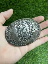 Vintage Sterling Silver Engraved Lion Head  Belt Buckle  Signed picture