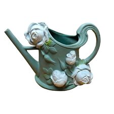 Antique Schafer Vater Jasperware Watering Can Spill Vase Green with White Roses picture
