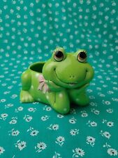 Vintage Lefton Green Frog With Pink Bow Pot picture