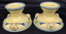 Vintage Pair of MCM Pottery Candle Holders Bear Faces ? Floral picture