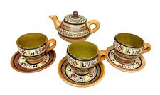 Vintage Peruvian Folk Art Terra Cotta Hand Painted Tea Pot, 3 Cup Saucer Set picture