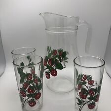 Vintage Juice Pitcher And Glass Set Raspberry Design Set 3 Glasses picture