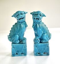 Vintage 8” Foo Dog Porcelain Turquoise Blue Pair Oriental Guard Lion Statue picture