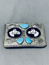 IMPORTANT VINTAGE ZUNI HORSE TURQUOISE STERLING SILVER BUCKLE picture